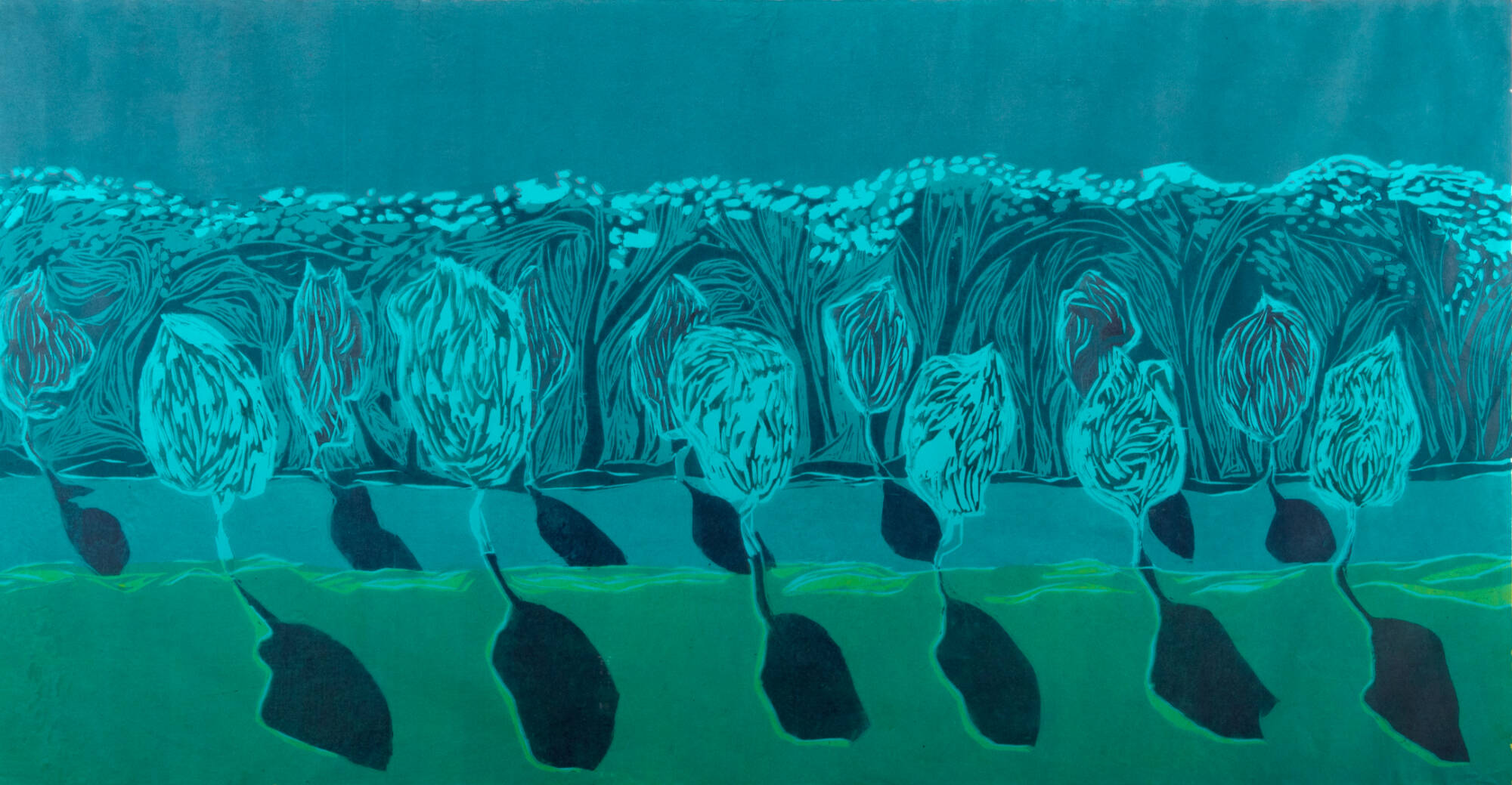 Landscape; thirteen blue trees on blue green background with shadows across grass.